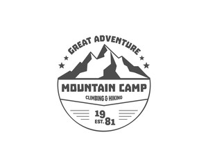 Vintage mountain trekking, climbing hiking camping badge, outdoor logo, emblem and label concept for web, print. Retro stylish round monochrome design. Easy to change color. Vector