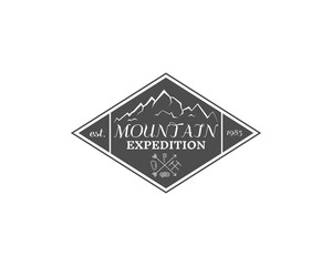 Vintage mountain expedition, climbing hiking camping badge, outdoor logo, emblem and label concept for web, print with sun. Retro stylish monochrome design. Easy to change color. Vector