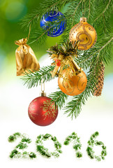 image many Christmas decorations on a green background close up