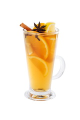 Hot drinks with cinnamon and orange. Isolated on white background
