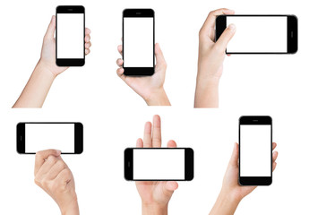 Obraz na płótnie Canvas hand hold white modern smart phone show screen display isolated