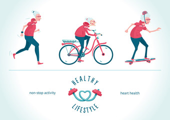 Old lady is going for sport.Grandma in action. Isolated on white icons set.