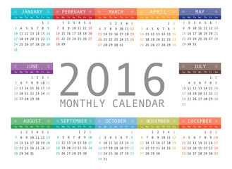 Vector calendar grid for 2016. Rigorous design.