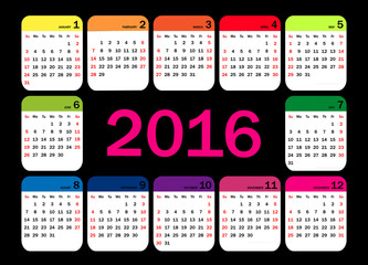 Vector calendar grid for 2016. Rigorous design.