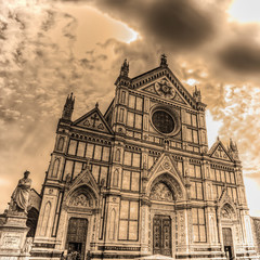 Santa Croce cathedral and Dante Alighieri statue in sepia tone