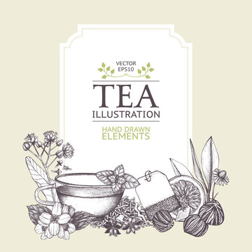 Vector card design with hand drawn tea illustration. Decorative inking background with vintage tea sketch. Sketched template