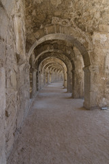 Internal passages in the ancient Roman amphitheater of Aspendos. The province of Antalya. Mediterranean coast of Turkey.