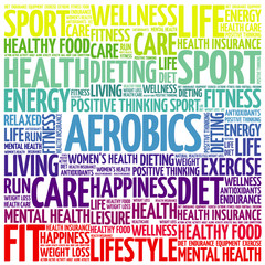 Aerobics word cloud background, health concept