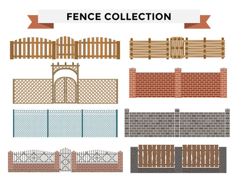Different designs of fences and gates isolated on a white background