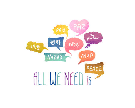 All we need is Peace. Card with speech bubbles with word "Peace" on different languages (English, Korean, Russian, Hindi, Hebrew, French, Arabic, Somali, Spanish)