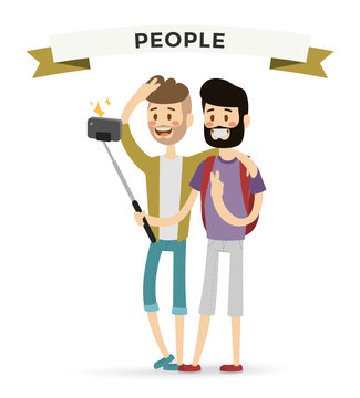 Selfie shots mans gays couple vector illustration