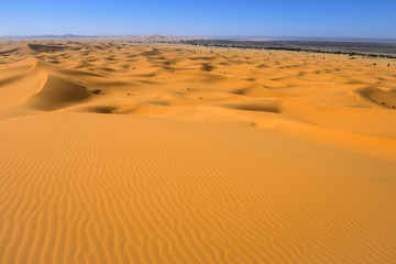 Fototapeta na wymiar Sand dunes in the Sahara Desert, Merzouga (Morocco)