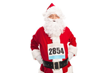 Santa Claus with a race number on his chest
