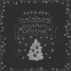 Vector vintage Christmas doodles. Seasonal hand drawn cartoon on black chalk dirty board