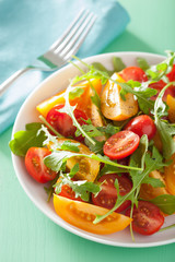 tomato salad with arugula over green background