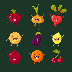 Cheerful fruit and vegetables. Food with cute faces, happy
