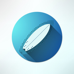 Vector surfboard icon in modern flat design on trendy halftone background. Surfing board with long shadow