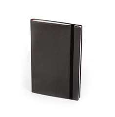 Black copybook moleskin cover with elastic band.