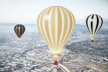 Naklejka premium Flying baloons in the sky of megapolis city