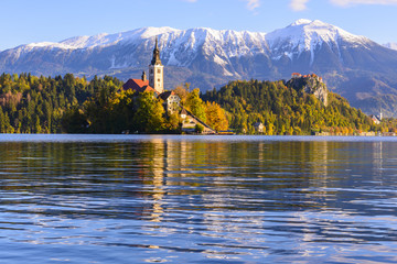 Naklejka premium Church on Island in Lake Bled, Slovenia