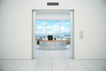 Modern office with city view from the lift entrance