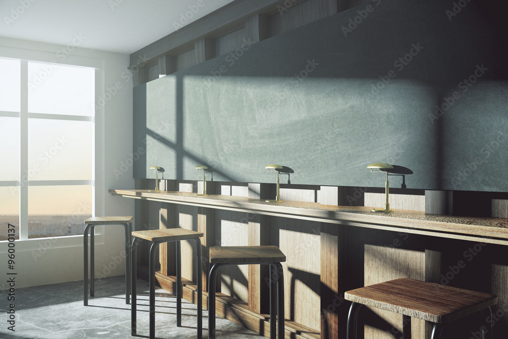 Poster Modern college classroom with blank blackboard and window in flo