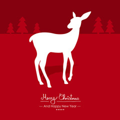 Rote Vektor Gru&szlig;karte f&uuml;r Weihnachten und Neujahr- Merry Christmas - Happy New Year - Jahreswechsel. Weihnachtskarte Hintergrund. Symbol und Silhouette. Rehkitz, Reh, Horizont mit Tannenb&auml;umen.