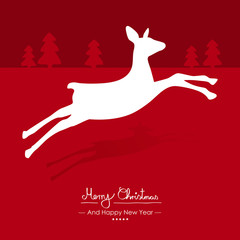 Rote Vektor Grußkarte für Weihnachten und Neujahr- Merry Christmas - Happy New Year - Jahreswechsel. Weihnachtskarte Hintergrund. Symbol und Silhouette. Rehkitz, Reh, Horizont mit Tannenbäumen.