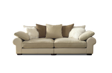 Cream Sofa with cushions cut out on white nobody