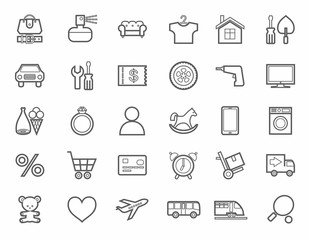 Online store, product categories, icons, linear, monotone. 