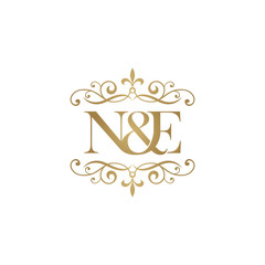 N&E Initial logo. Ornament ampersand monogram golden logo