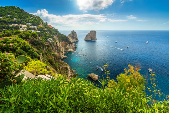 Beautiful Capri island,beach and Faraglioni cliffs,Italy,Europe