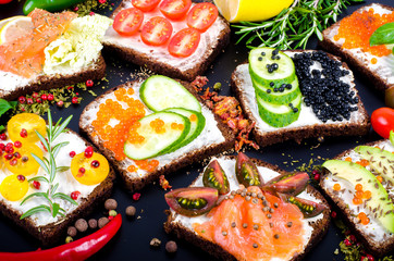 Background of Nordic open sandwiches. Background of scandinavian open sandwiches.