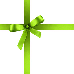 Grüne Geschenkschleife und Geschenkband aus grünem Satin - Geschenk, Schleife, Band - Isoliert - weißer Hintergrund. Vorlage für Grußkarten und Postkarten.