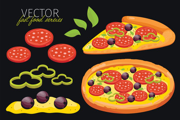 Isolated vector pepperoni pizza. Fast food set.