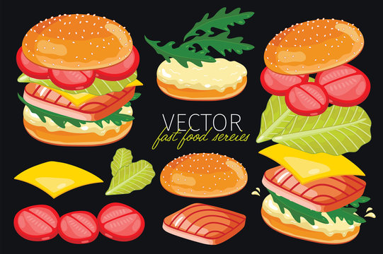 Vector burgers isolated on black background. 