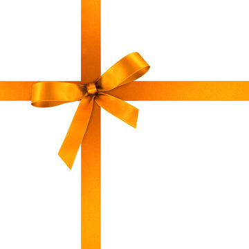 Orangene Geschenkschleife und Geschenkband aus orangefarbenem Satin - Geschenk, Schleife, Band - Isoliert - weißer Hintergrund. Vorlage für Grußkarten und Postkarten.
