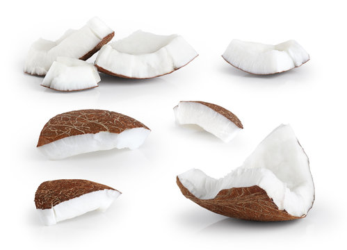 Coconut pieces isolated on a white background.