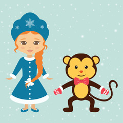 Fototapeta na wymiar winter monkey and snow maiden