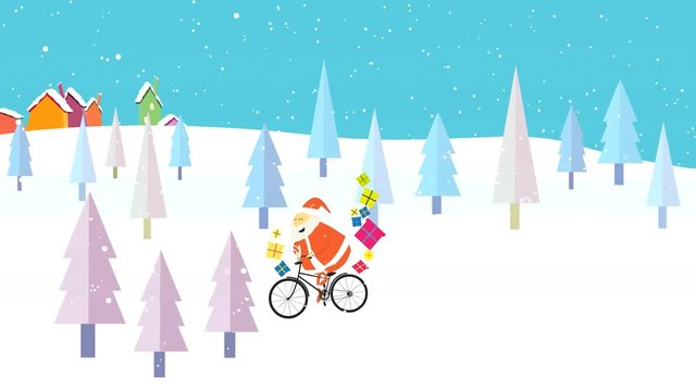 loop animation Winter scene with Santa riding a bike