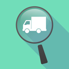 Long shadow magnifier vector icon with a  delivery truck