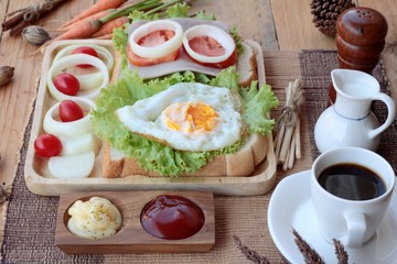 Slice bread ,ham ,fried eggs with breakfast.