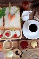 Slice bread ,ham ,fried eggs with breakfast.