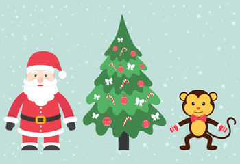 winter monkey and santa claus and fir-tree