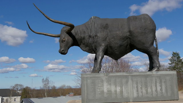 The Bos primigenius statue in the city. The aurochs also urus ure is a grand extinct wild ox that inhabited Europe Asia and North Africa. 