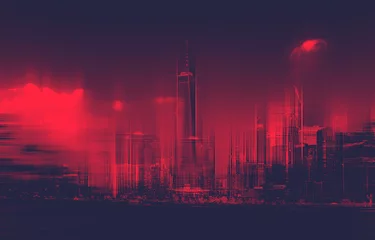 Poster Im Rahmen Rot getönte verschwommene Skyline von Lower Manhattan © XtravaganT