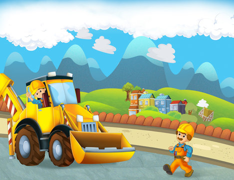 Cartoon scene of men working in the city - entrance - construction site - illustration for children