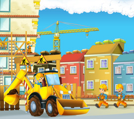 Obraz na płótnie Canvas Cartoon scene with construction workers - excavator - illustration for the children