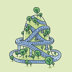A cartoon highway twisting up and around a small hills with trees.