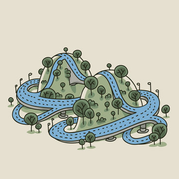 A Cartoon Highway Twisting Around A Pair Of Tree-covered Hills.